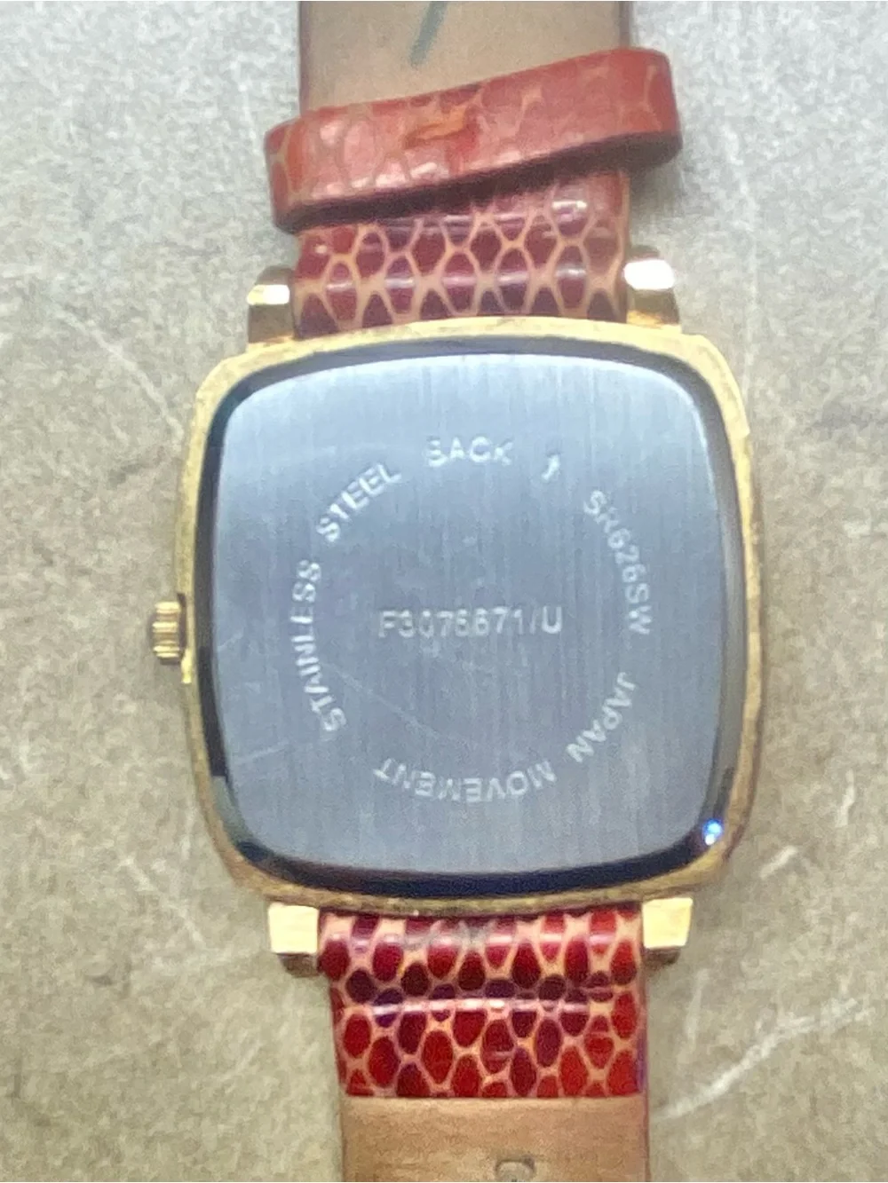 Orange Square Dial Watch with Textured Red-Orange Leather Strap